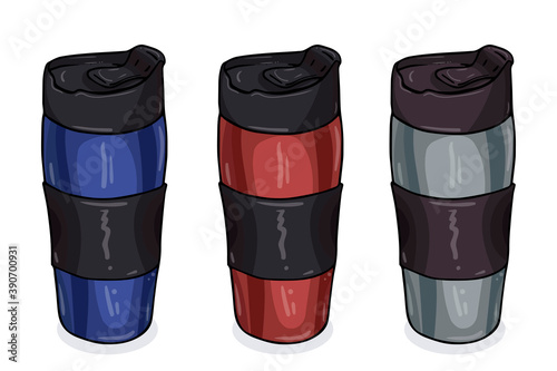 A set of thermal cups of various colors. Universal thermos for hot drinks. Eco-friendly consumption. Isolated on white background. Doodle style.