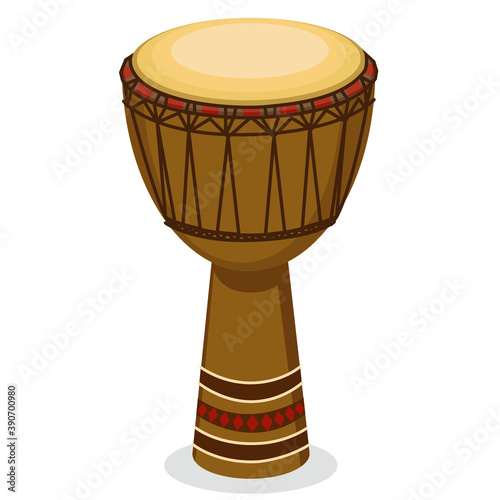 African Djembe drum illustration isolated on white background. Ethnic musical instrument. Vector graphics.