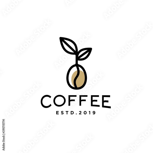 coffee bean with plant branch hipster minimal logo vector with leaf simple line outline icon for cafe 