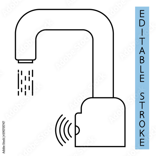 Automatic Faucet vector icon. Modern water crane. Automated Touchless restroom equipment with sensors. Contactless water taps. Automatic hand wash faucet icon. Outline icon. Vector