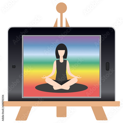 Online yoga class. Tablet on the stand. Isolated vector illustration. Stay home concept. Online classes on tablet display