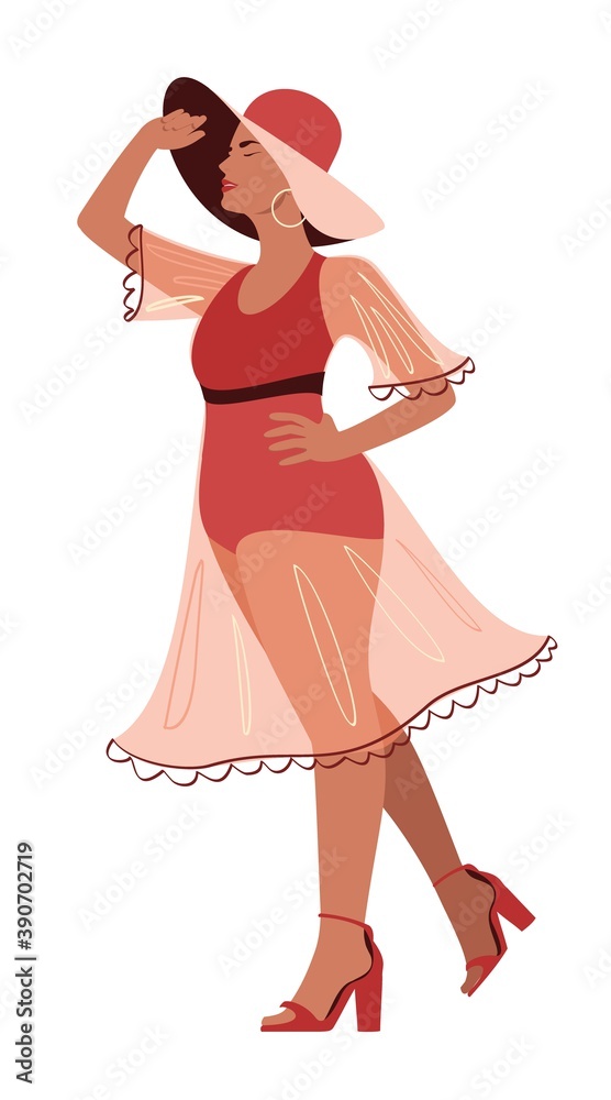Fashion plus size model standing. Illustrated woman portrait on a white background. Female in a red dress and elegant hat. Trendy illustration. Beautiful lady standing alone. Fashion plus size model standing. Illustrated woman portrait on a white background. Female in a red dress and elegant hat. Trendy illustration. Beautiful lady standing alone.
