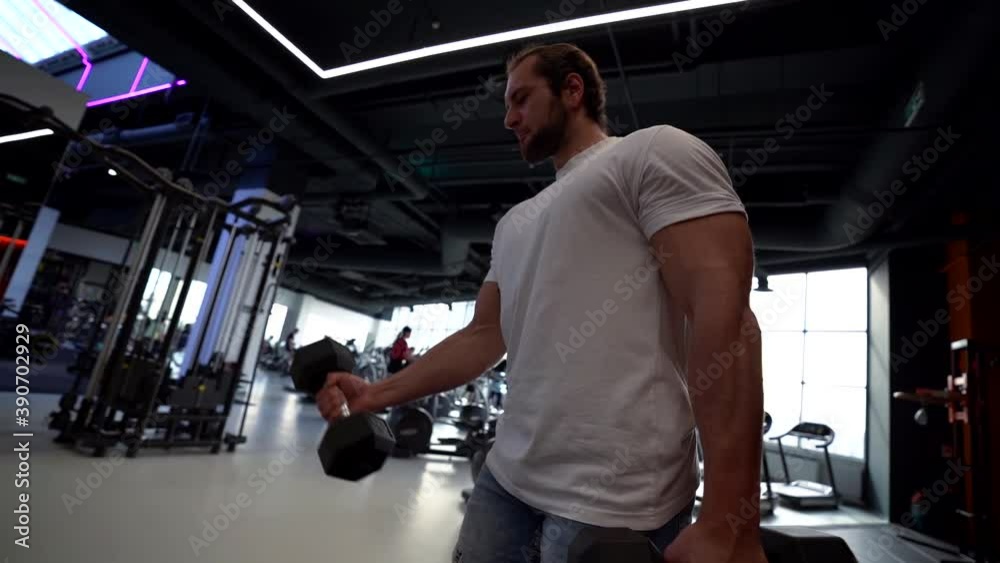 close-up of a pumped-up man who remains in shape and has muscles, he trains in the gym, swings his arms with dumbbells. Concept: sports, gym, muscle and fitness. close-up of a pumped-up man who remains in shape and has muscles, he trains in the gym, swings his arms with dumbbells. Concept: sports, gym, muscle and fitness.
