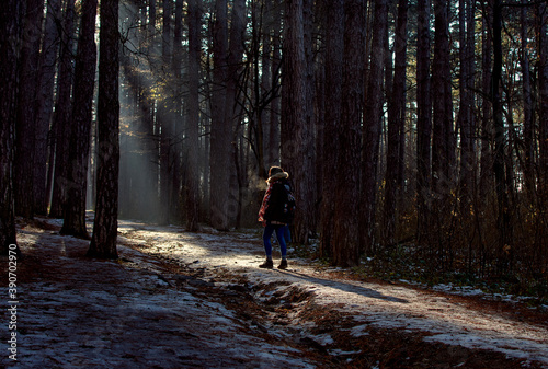Landscape of a girl walking through the woods with sunrays