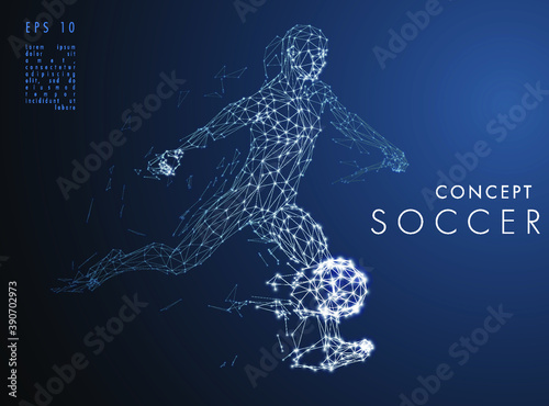 Abstract low-poly football player which consists of line and points  on dark background. Vector illustration. Graphic concept soccer.