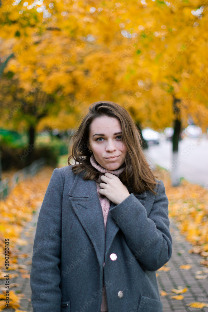 beautiful girl with a funny pitiful expression in an autumn coat walks in the park with autumn trees with yellowed leaves beautiful girl with a funny pitiful expression in an autumn coat walks in the park with autumn trees with yellowed leaves