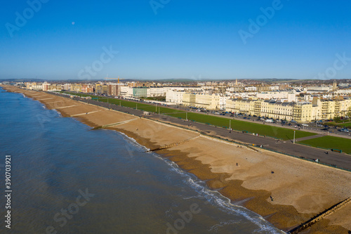 Aerial view of Brighton and Hove seafront showing the elegant houses from the Victorian and Edwardian period that graces this historic city. photo