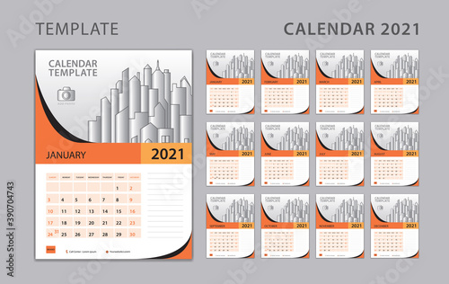 Calendar 2021 template, Set Desk Calendar design with Place for Photo and Company Logo. Wall calendar. Week Starts on Sunday. Set of 12 Months.