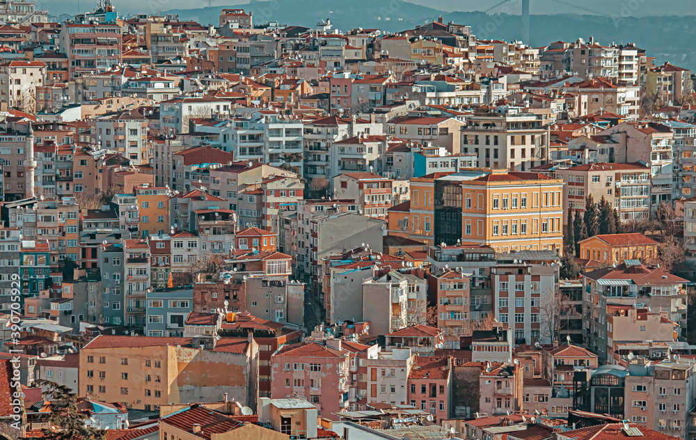 Aerial view of the Istanbul city downtown. City buildings from air. View of Firuzaga and Tomtom areas Aerial view of the Istanbul city downtown. City buildings from air. View of Firuzaga and Tomtom areas