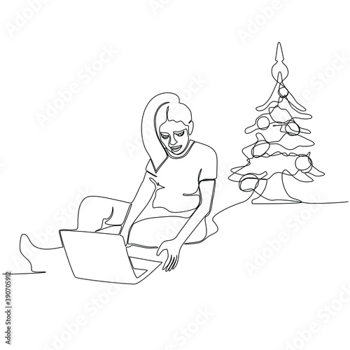 On Christmas and New year's Eve, a girl sits with a laptop at the Christmas tree. Modern minimalistic style Continuous line.