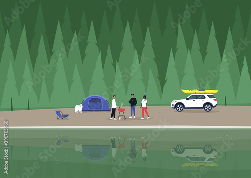 A camping scene, a diverse group of characters making barbecue at the mountain lakeshore, a spruce forest in the background