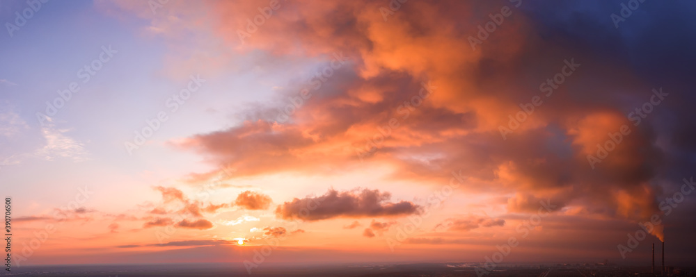 panorama of dramatic sky during sunset. Sky background during sunset or sunrise