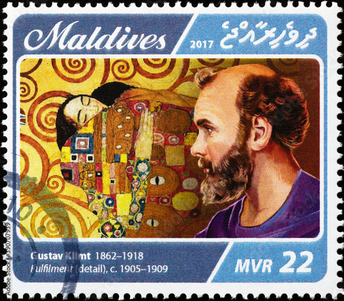 Detail of Fulfilment by Gustav Klimt on postage stamp