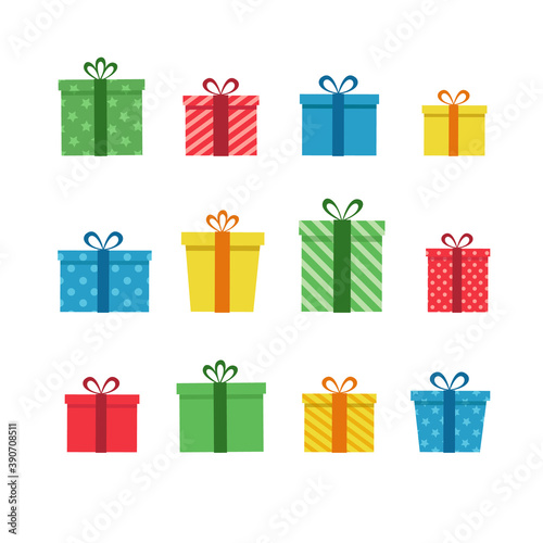 Colorful gift boxes set. Vector illustration of cute present boxes on white background. Flat design style.