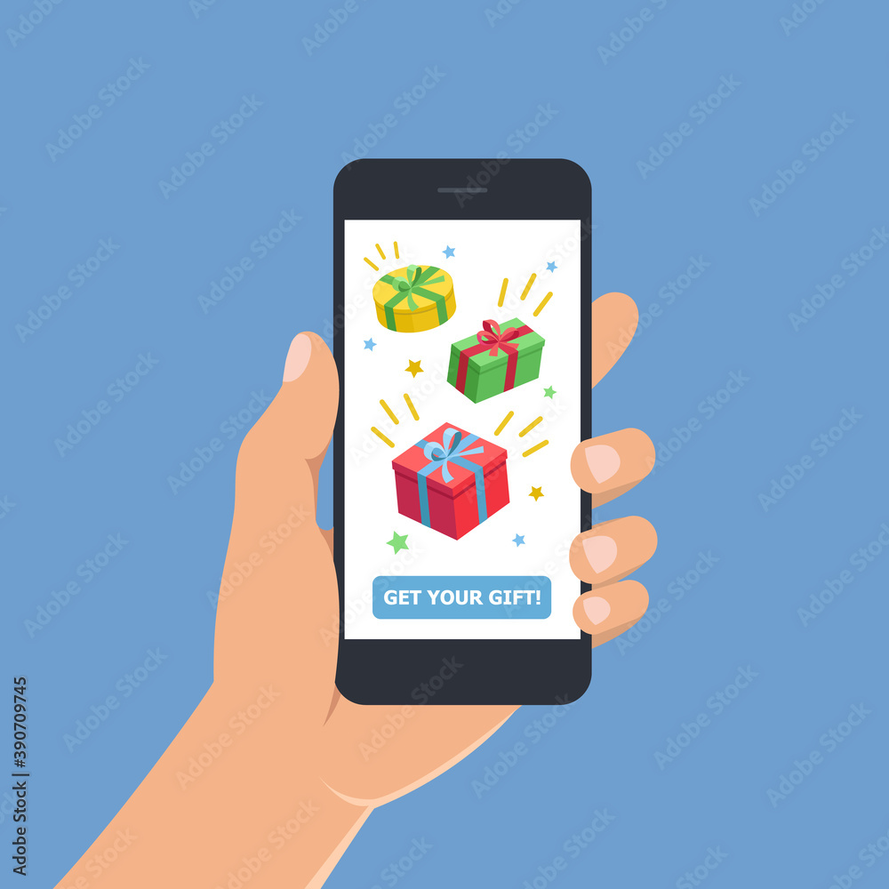 Male hand with holding smartphone with gift box on screen. Gifts app page on smart phone screen. Isolated hand with mobile phone. Vector illustration