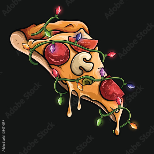 Delicious slice cheese pizza Christmas tree lights vector image
