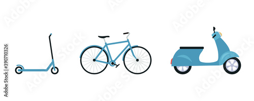 Urban eco transport set. Scooter, bicycle, moped isolated on white. Environmentally friendly vehicles. Vector illustration