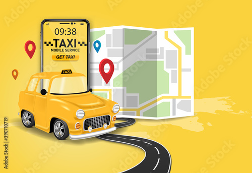 Taxi service. Online mobile application order taxi service illustration.Taxi services mobile app website. yellow cab illustration.Vector taxi mobile app icon Includes smartphone with yellow taxicab.