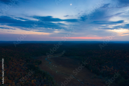 Aerial view on the forest with rover and crescent moon at dusk