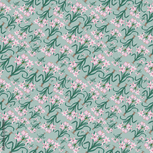 Seamless botanical light green pattern with white and pink lilies 