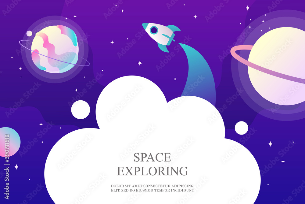 Space travel, planets, stars. Cartoon style. Spaceship. Galaxy, universe. Template for presentation, web page, banner, landing page. Flying rocket. Modern colorful vector illustration - obrazy, fototapety, plakaty 