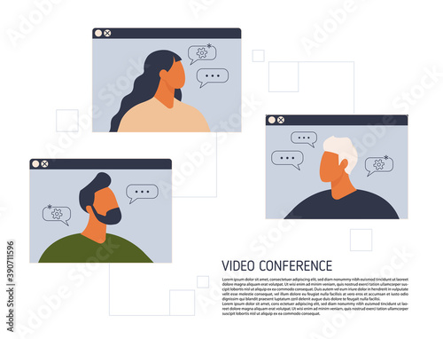 Stay and work from home. Video conference illustration. Workplace, laptop screen, group of people talking by internet. Stream, web chatting, online meeting friends. Coronavirus, quarantine isolation.