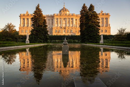Royal Palace of Madrid from Sabatini Gardens in a spring sunset, Spain