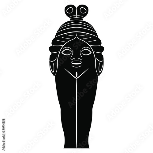 Ancient Greek goddess Baubo. Funny antique amulet idol. Female sculpture. Black and white silhouette. Apotropaic magic.