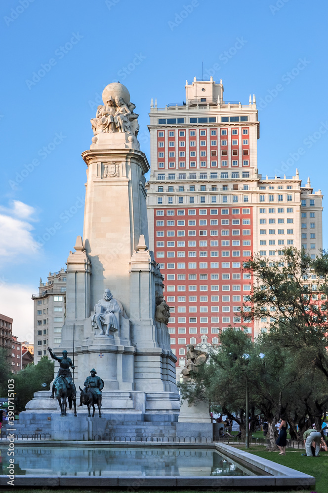 Don Quixote and Sancho Panza monument on Spain square in Madrid, Spain