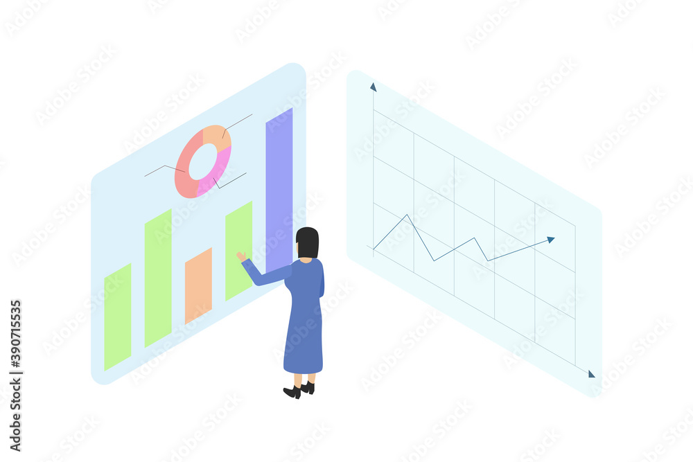 Woman analyzes data or presents a report. Isometry Woman analyzes data or presents a report. Isometry