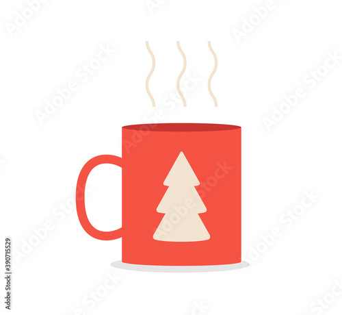 Red Coffee or tea Mug with spruce isolated on white background. Merry Christmas or New Year Vector illustration.
