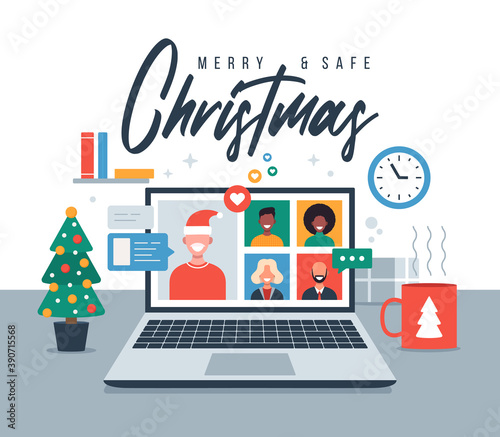 Christmas online greeting. people meeting online together with family or friends video calling on laptop virtual discussion. Merry and Safe Christmas office desk workplace, flat vector illustration