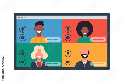 Web windows with different people chatting by videoconference on tablet. Smiling men and women work and communicate remotely. Team meeting Vector illustration in flat design