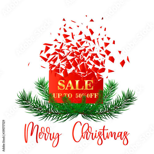 Christmas sale banner, design from pine branches. Seasonal design promo badge. Big winter sale. Special offer. Vector illustration on isolated white background