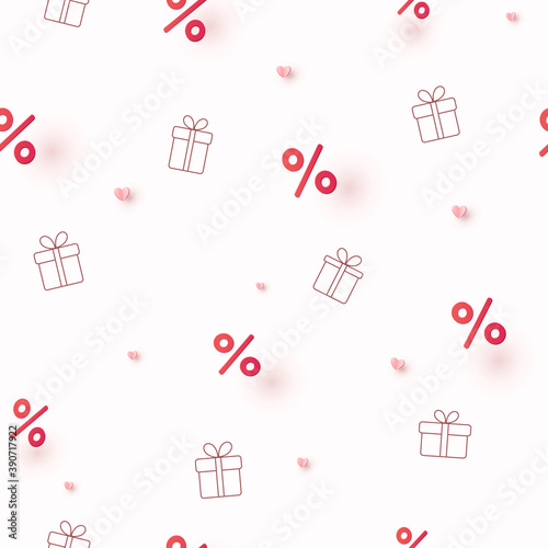 Special offer, paper hearts and gift boxes on pink background. Promo banner with red percent off signs. Vector seamless sale discount pattern for weekend promotion, best price or Valentine day design