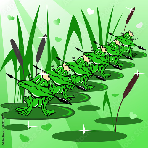 Caricature. Cheerful picture. Frogs with arrows waiting for the Prince