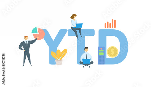 YTD, Year to Date. Concept with keyword, people and icons. Flat vector illustration. Isolated on white background.
