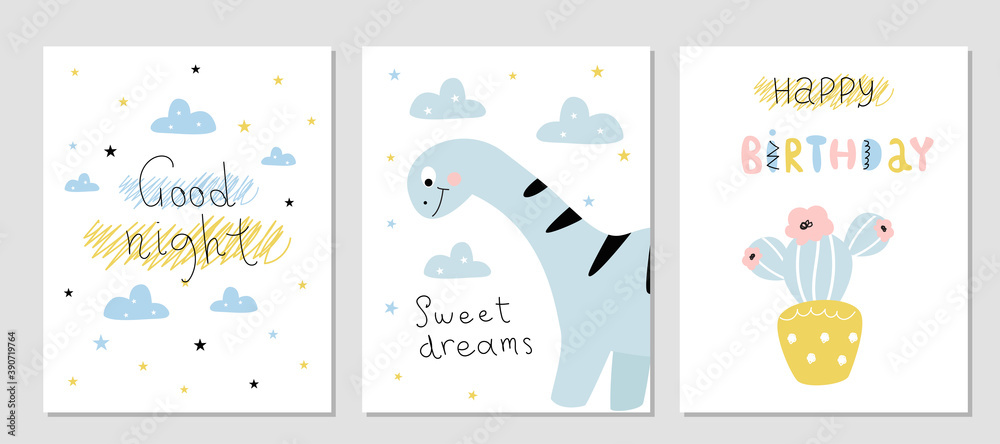 Set of postcards with dinosaurs. Vector illustration with an animal, in a modern cartoon style, for printing on packaging paper, postcard, poster, banner, clothing. Cute children's background. Set of postcards with dinosaurs. Vector illustration with an animal, in a modern cartoon style, for printing on packaging paper, postcard, poster, banner, clothing. Cute children's background.