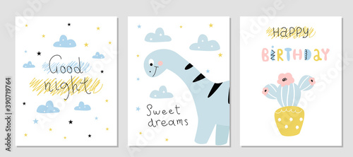 Set of postcards with dinosaurs. Vector illustration with an animal, in a modern cartoon style, for printing on packaging paper, postcard, poster, banner, clothing. Cute children's background.