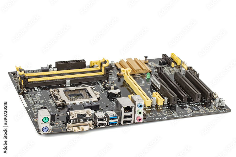 Printed computer motherboard board, isolated on white background Printed computer motherboard board, isolated on white background