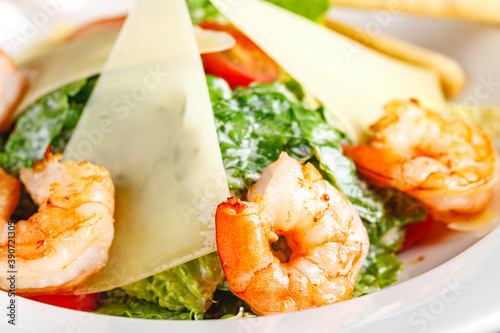 Seafood Caesar Salad with Shrimps, Salad Leaf, Croutons, Cherry Tomato and Parmesan Cheese