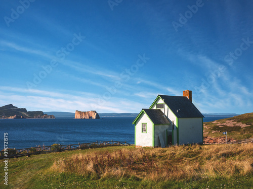 View on the Perce village and the rock from Bonaventure Island