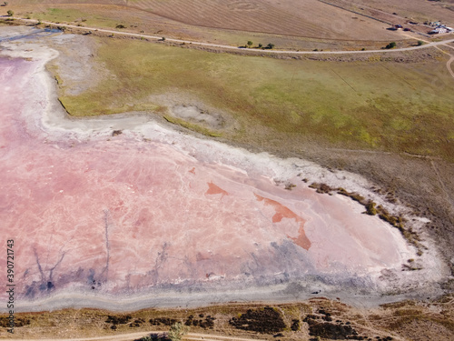 pink salt lake surface, dried pink salt lake, pink surface