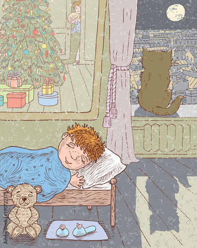 Freehand drawing of little boy sleeping in his room in christmas moonlit night