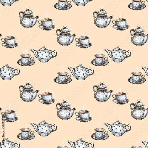 Seamless background of drawn porcelain teapots and teacups