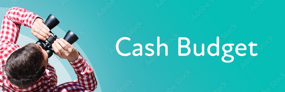 Naklejka premium Cash Budget. Man observing with binoculars. Focus on text/word. Panorama format. Blue/turquoise background.