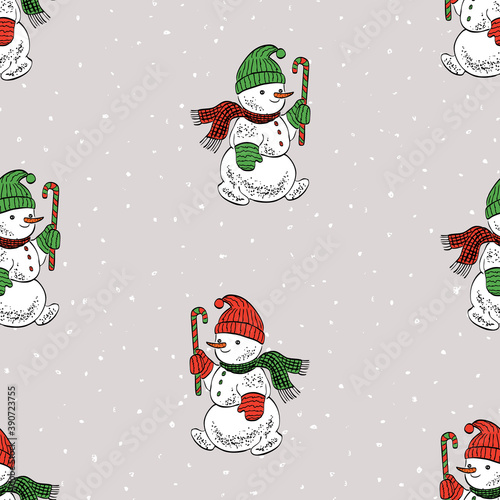 Seamless pattern with small cheerful christmas snowmen photo