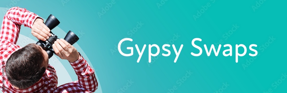 Naklejka premium Gypsy Swaps. Man observing with binoculars. Focus on text/word. Panorama format. Blue/turquoise background.