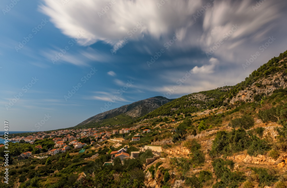 Obraz premium Town of Bol coast aerial view, Island of Brac, Dalmatia, Croatia. August 2020, long exposure picture