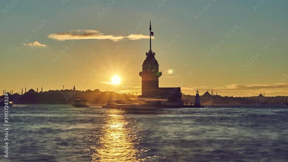Sun is setting down behind Maiden Tower. 4K sunset time lapse taken in Uskudar region, Istanbul, Turkey Sun is setting down behind Maiden Tower. 4K sunset time lapse taken in Uskudar region, Istanbul, Turkey